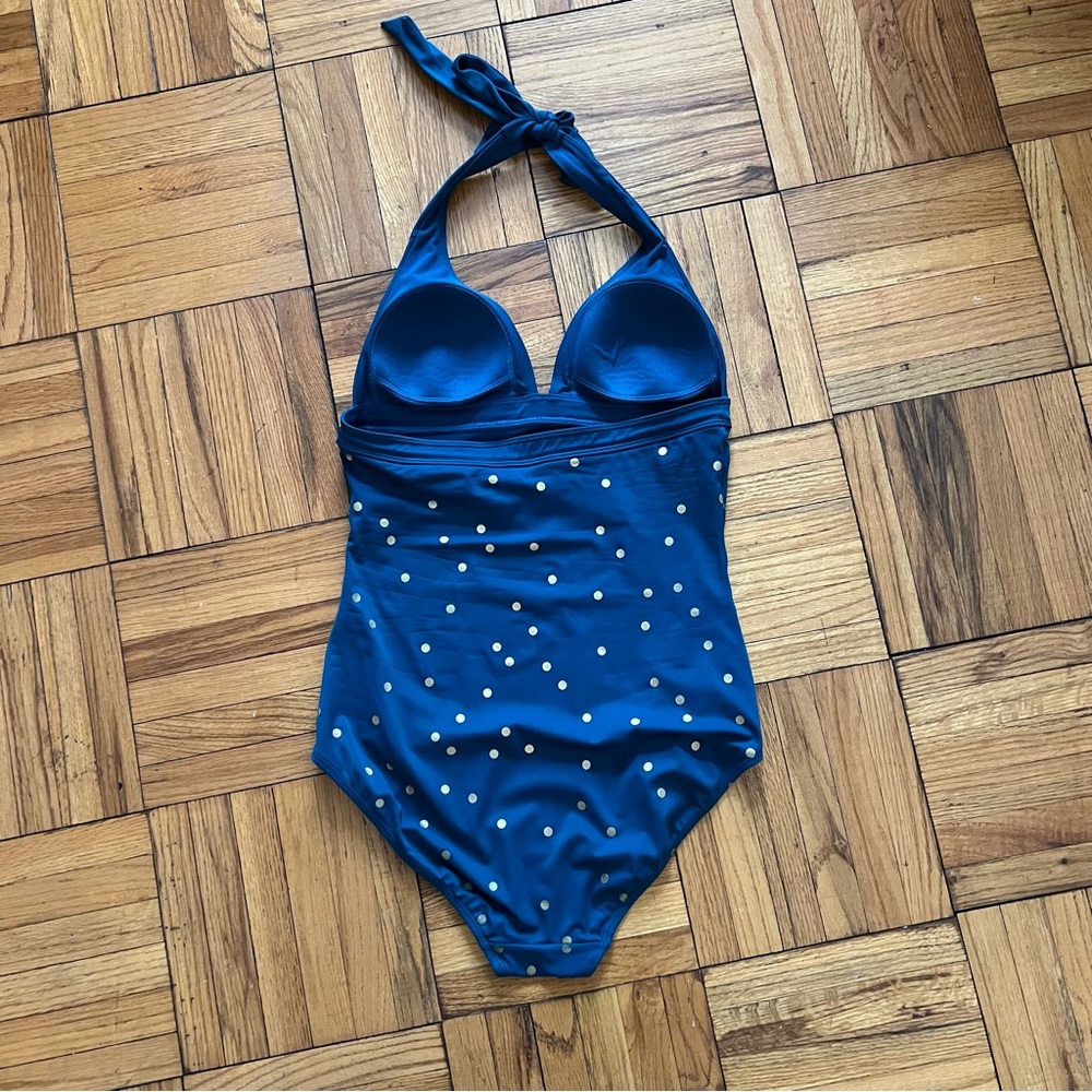 Boden Halter Formentera One-Piece Swimsuit Teal w Gold Polka Dots Size 10 Long - Picture 5 of 8
